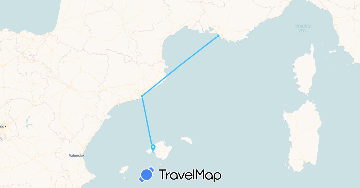 TravelMap itinerary: boat in Spain, France (Europe)